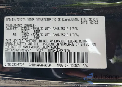 2023 Toyota Tacoma Sr5 from USA, damaged, VIN 3TYSX5EN2PT019277